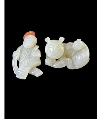 Two Chinese White Jade Figure and Animal Yuan Ming Dynasty