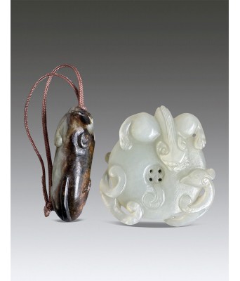 Two Chinese White Jade Dragon and Rabbit Pendant Ming Qing Dynasty