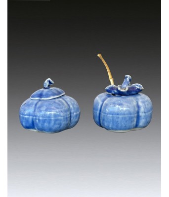 Pair of Blue and White Pumpkin Waterpot Qing Dynasty Kangxi Period 1662-1722